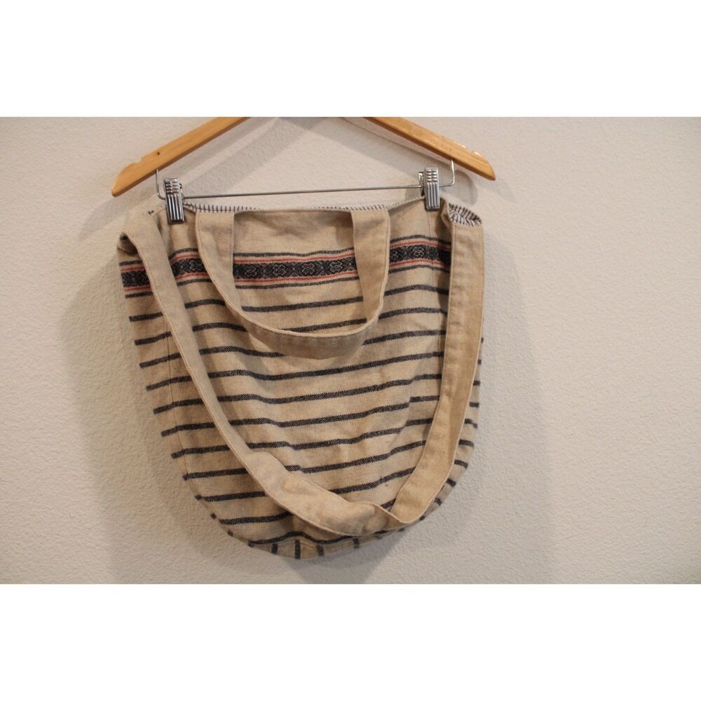 Johnny Was wool blend cream and navy stripe tote bag with shoulder strap